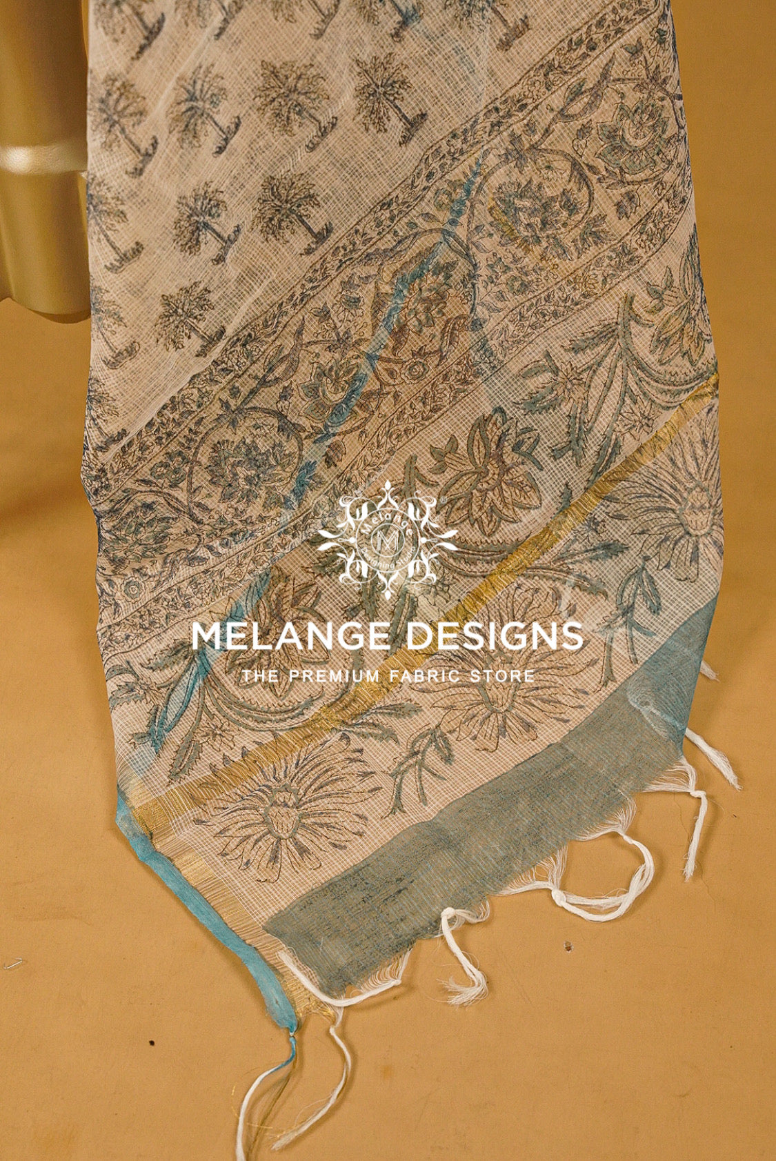Cotta Block Print Dupatta For Women Ivory Beige with Teal Blue BJ0074