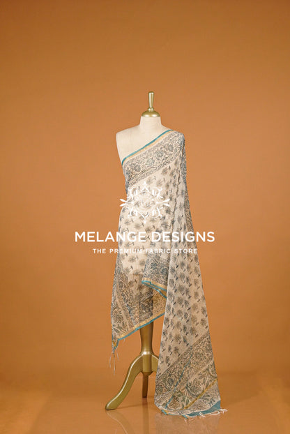 Cotta Block Print Dupatta For Women Ivory Beige with Teal Blue BJ0074