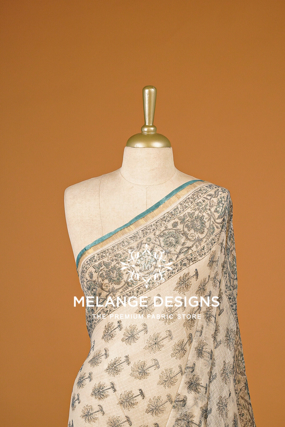 Cotta Block Print Dupatta For Women Ivory Beige with Teal Blue BJ0074