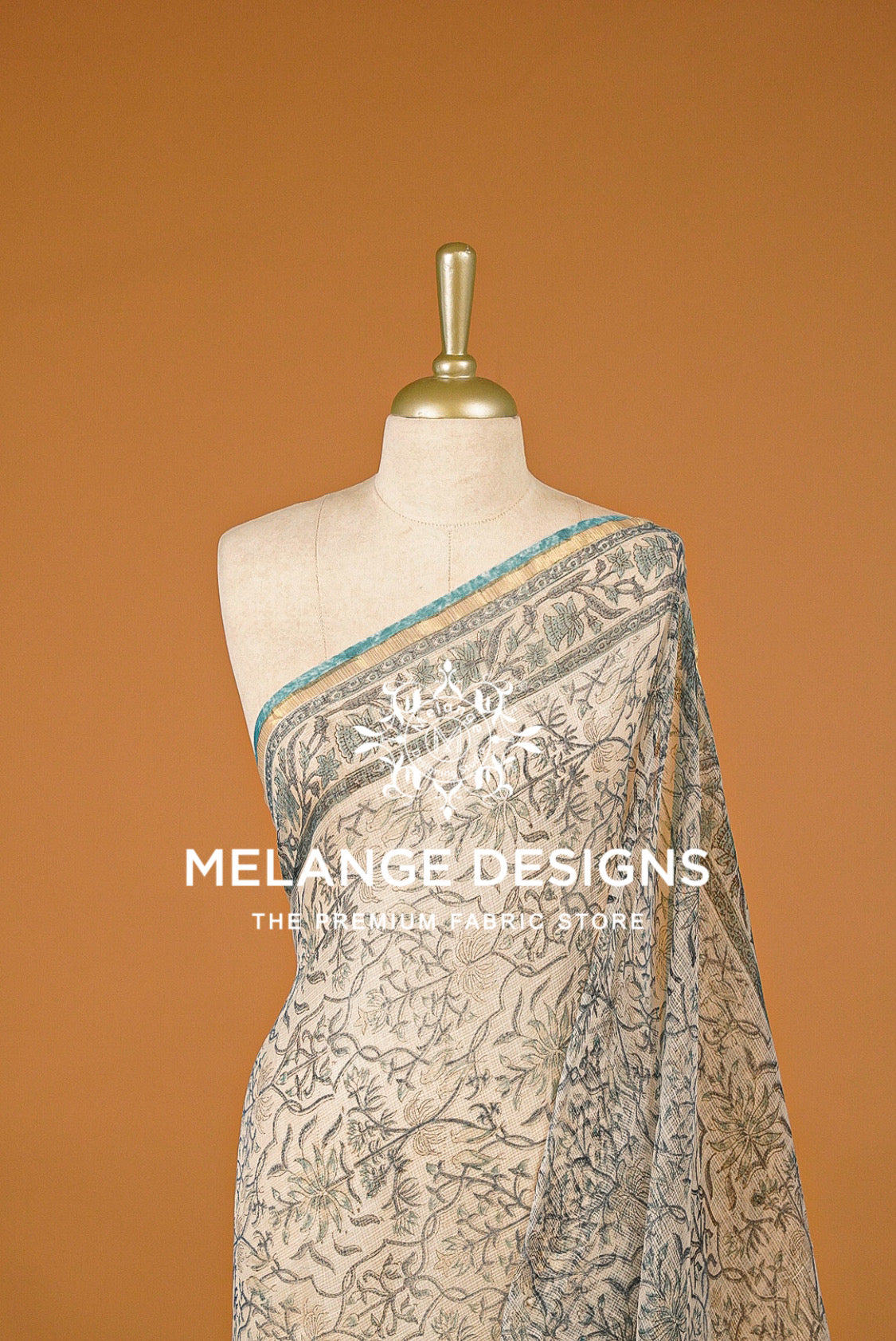 Cotta Block Print Dupatta For Women Ivory with Muted Teal BJ0075