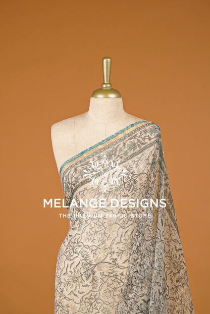 Cotta Block Print Dupatta For Women Ivory with Muted Teal BJ0075