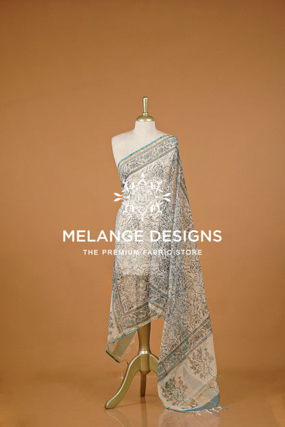 Cotta Block Print Dupatta For Women Ivory with Muted Teal BJ0075