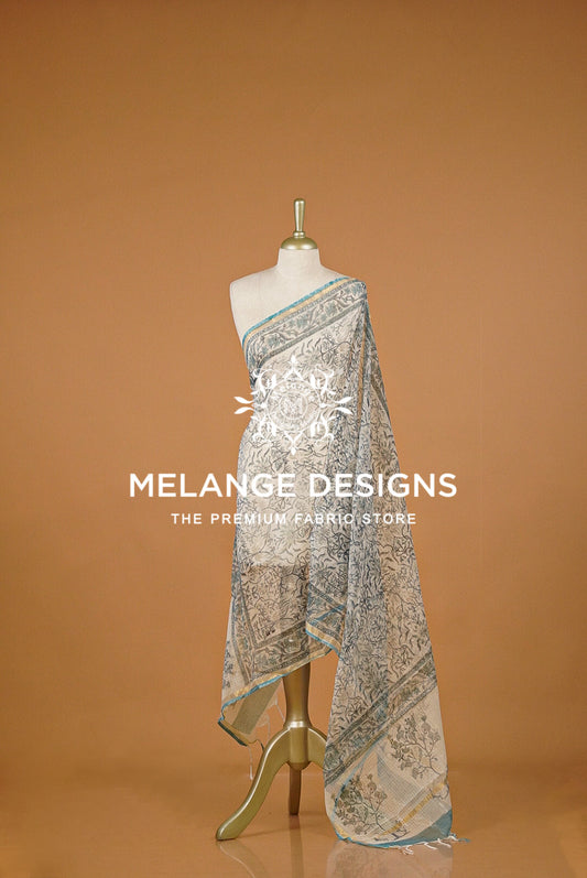 Cotta Block Print Dupatta For Women Ivory with Muted Teal BJ0075