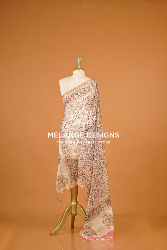 Cotta Block Print Dupatta For Women Ivory Beige with Coral Pink BJ0076