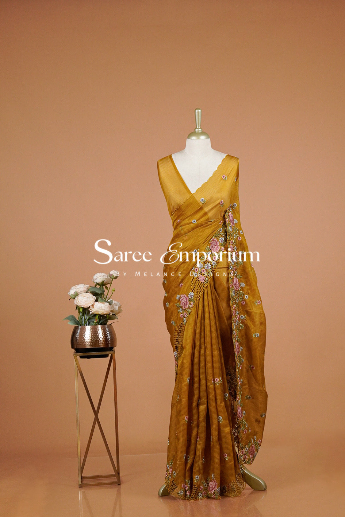 Cotta Cutwork Saree For Women Mustard Ochre.
