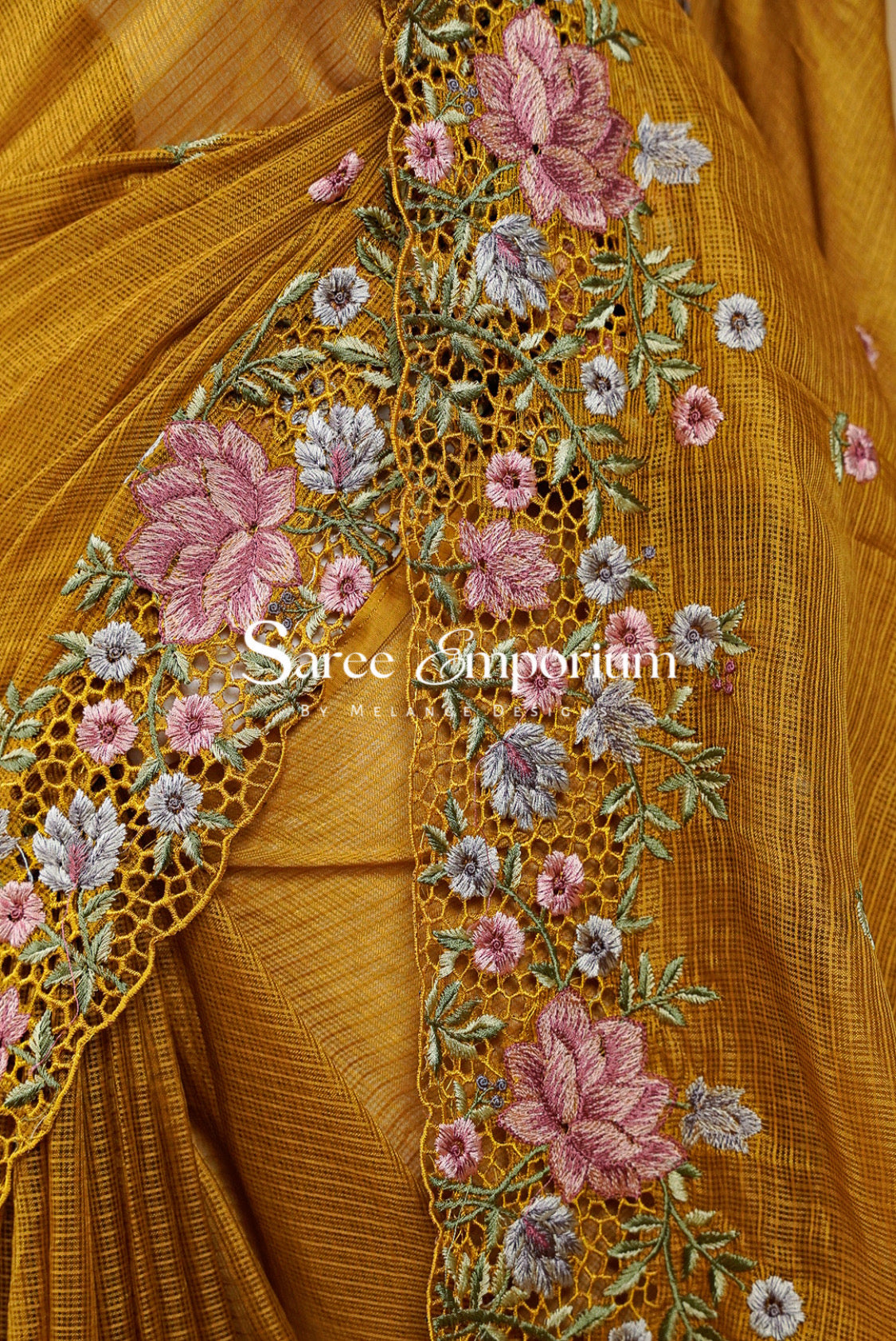 Cotta Cutwork Saree For Women Mustard Ochre Side View.