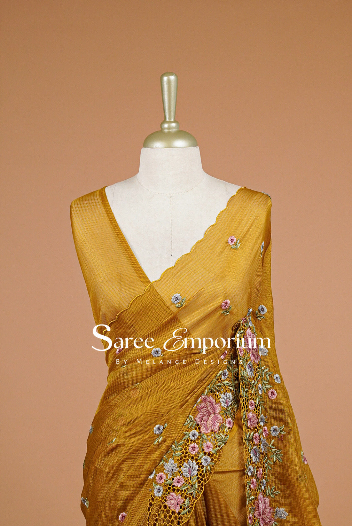 Cotta Cutwork Saree For Women Mustard Ochre Close View.