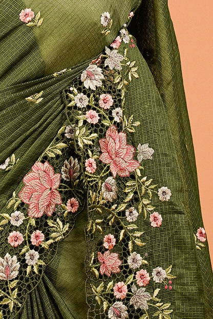 Cotta Cutwork Saree For Women Olive Green Side View.