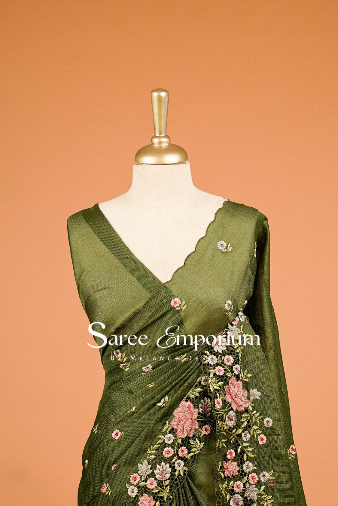 Cotta Cutwork Saree For Women Olive Green  Close View.
