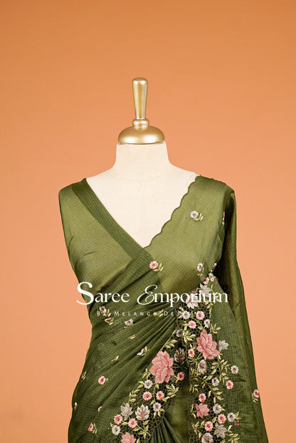Cotta Cutwork Saree For Women Olive Green  Close View.