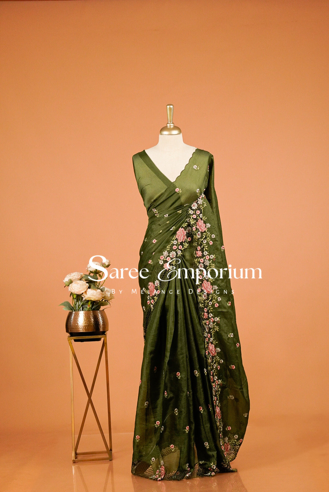 Cotta Cutwork Saree For Women Olive Green 
