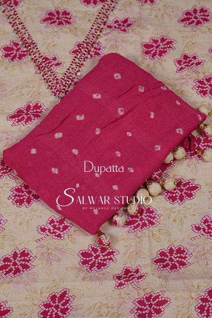 Cotton Embroidery Unstitched Salwar suit Dress Material Warm Cream With Rani Pink AC0192