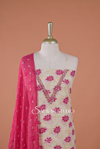 Cotton Embroidery Unstitched Salwar suit Dress Material Warm Cream With Rani Pink AC0192
