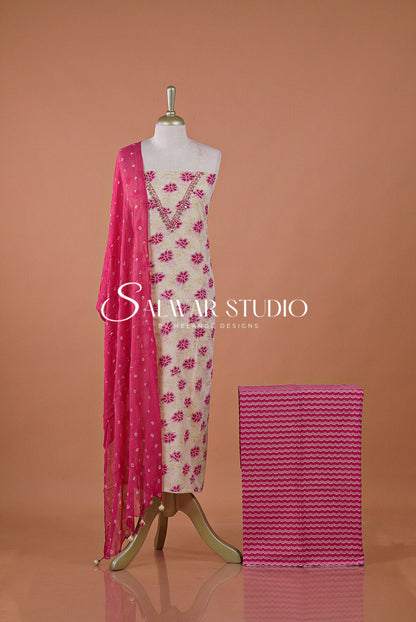 Cotton Embroidery Unstitched Salwar suit Dress Material Warm Cream With Rani Pink AC0192