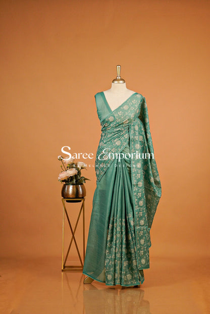 Cotta Embroidery Saree For Women Teal Green .