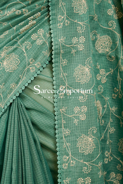 Cotta Embroidery Saree For Women Teal Green  Close Up.