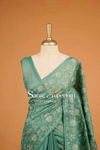 Cotta Embroidery Saree For Women Teal Green Close Up.