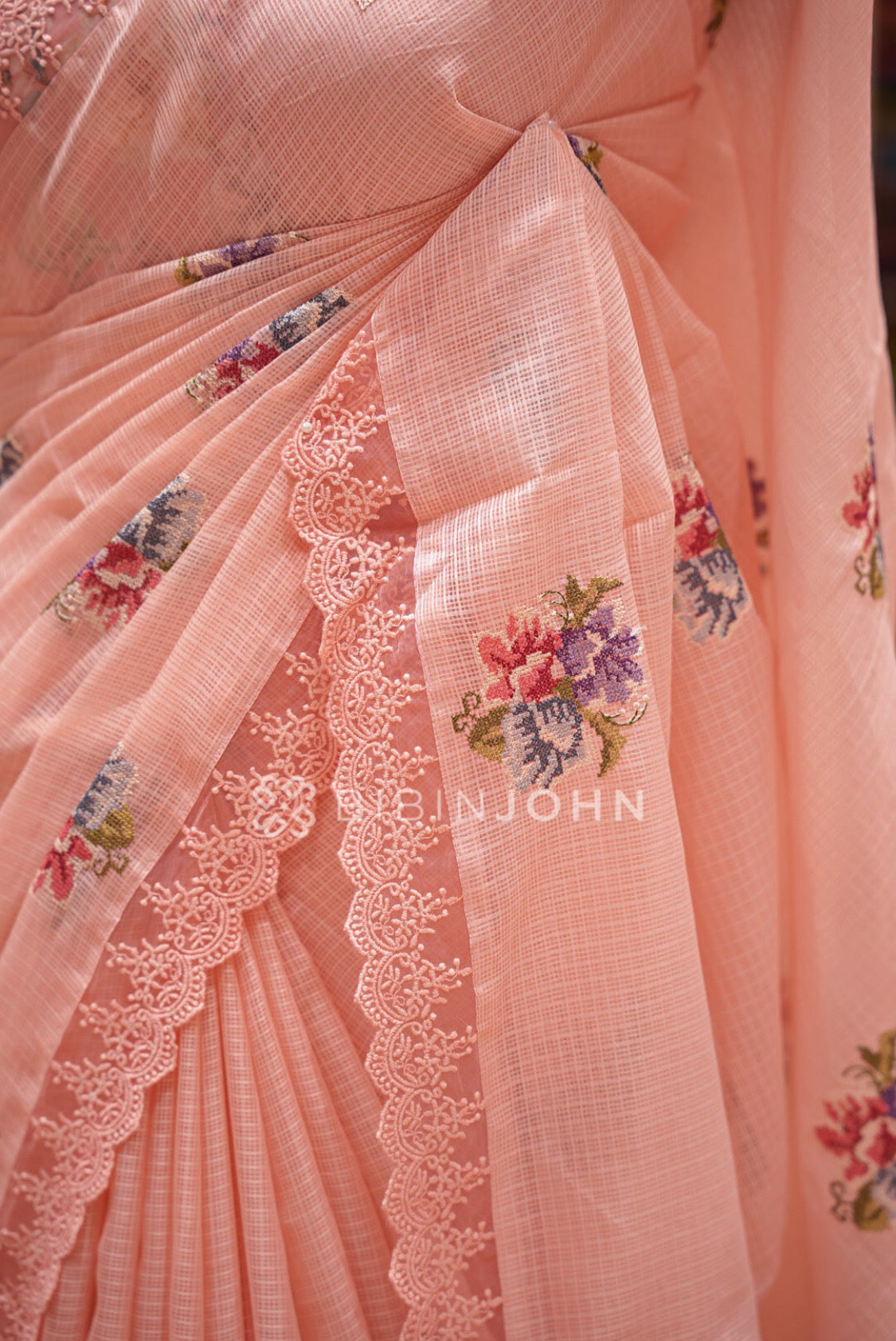 Cotta Embroidery Saree For Women Peach Pink SIDE VIEW