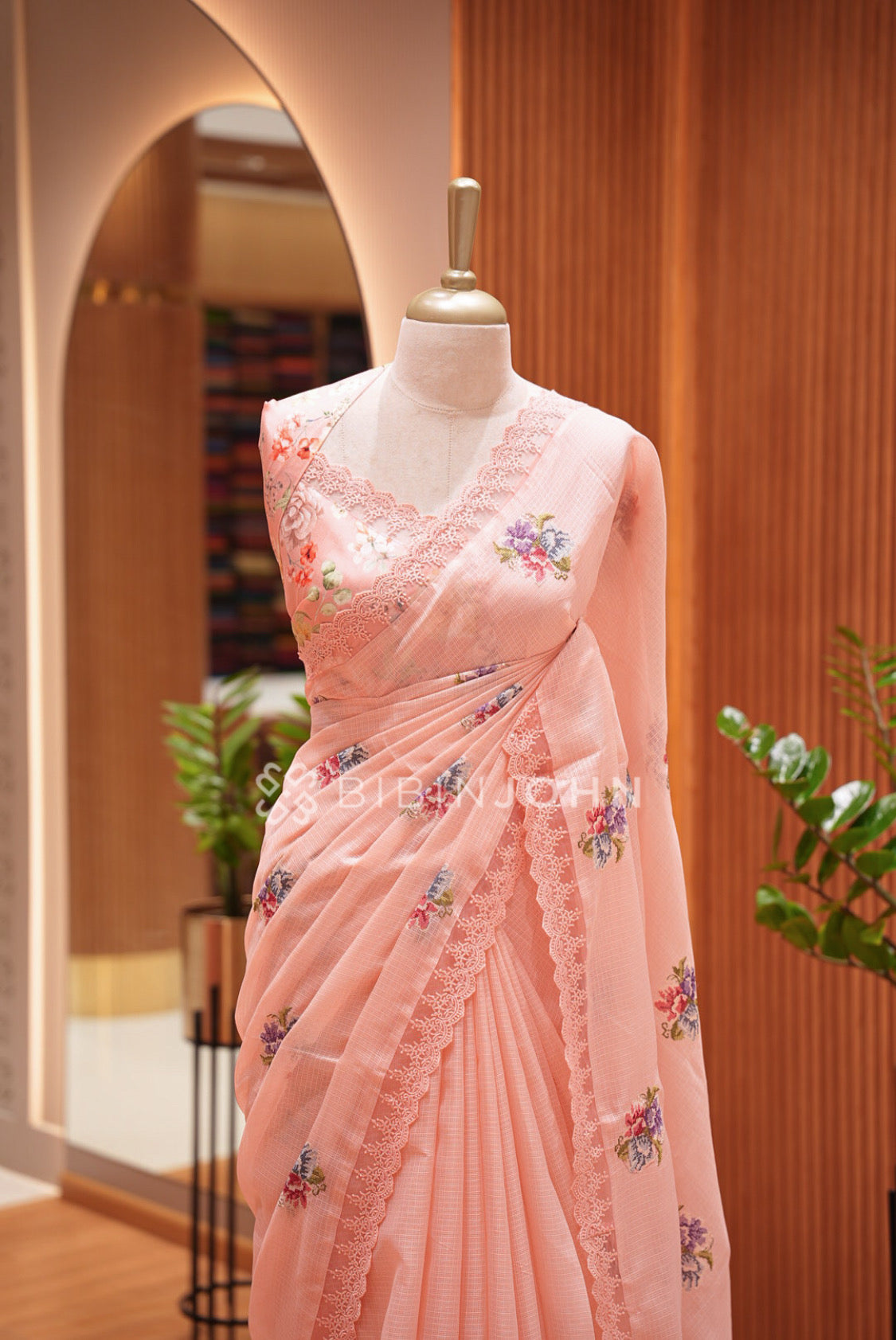 Cotta Embroidery Saree For Women Peach Pink CLOSE VIEW