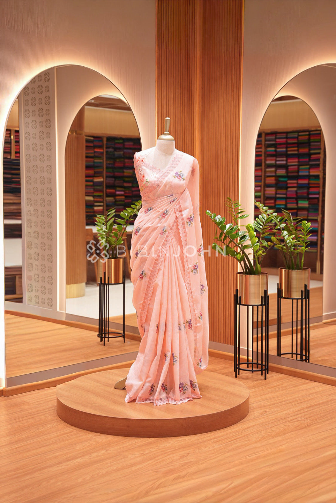 Cotta Embroidery Saree For Women Peach Pink 