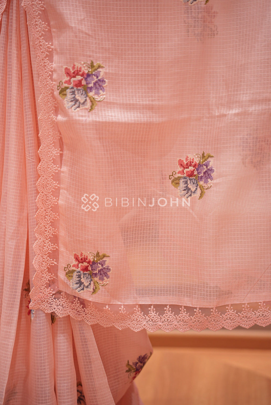 Cotta Embroidery Saree For Women Peach Pink PALLU