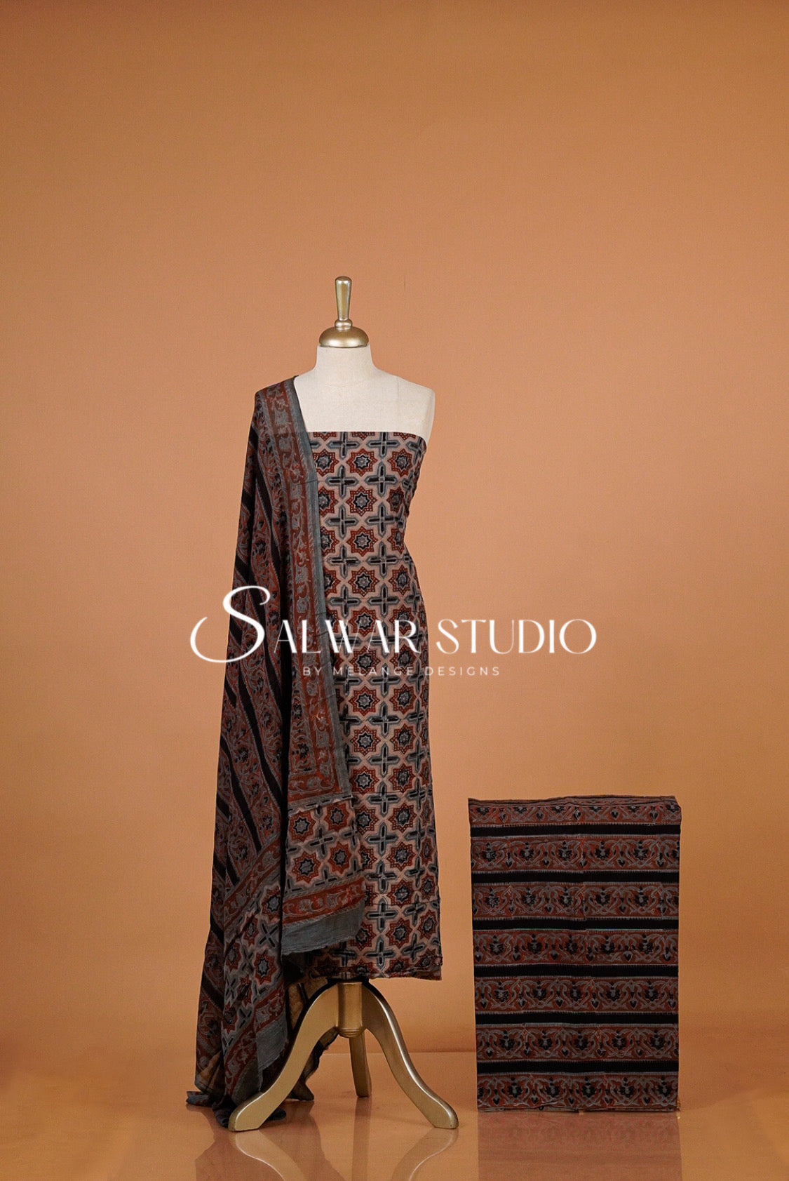 Cotton Ajrakh Unstitched Salwar Suit Material Dusty Taupe.
