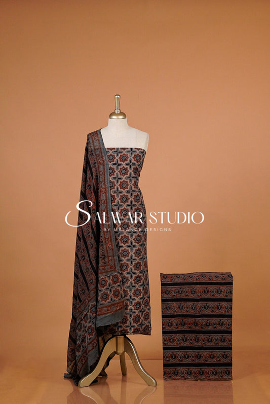 Cotton Ajrakh Unstitched Salwar Suit Material Dusty Taupe.