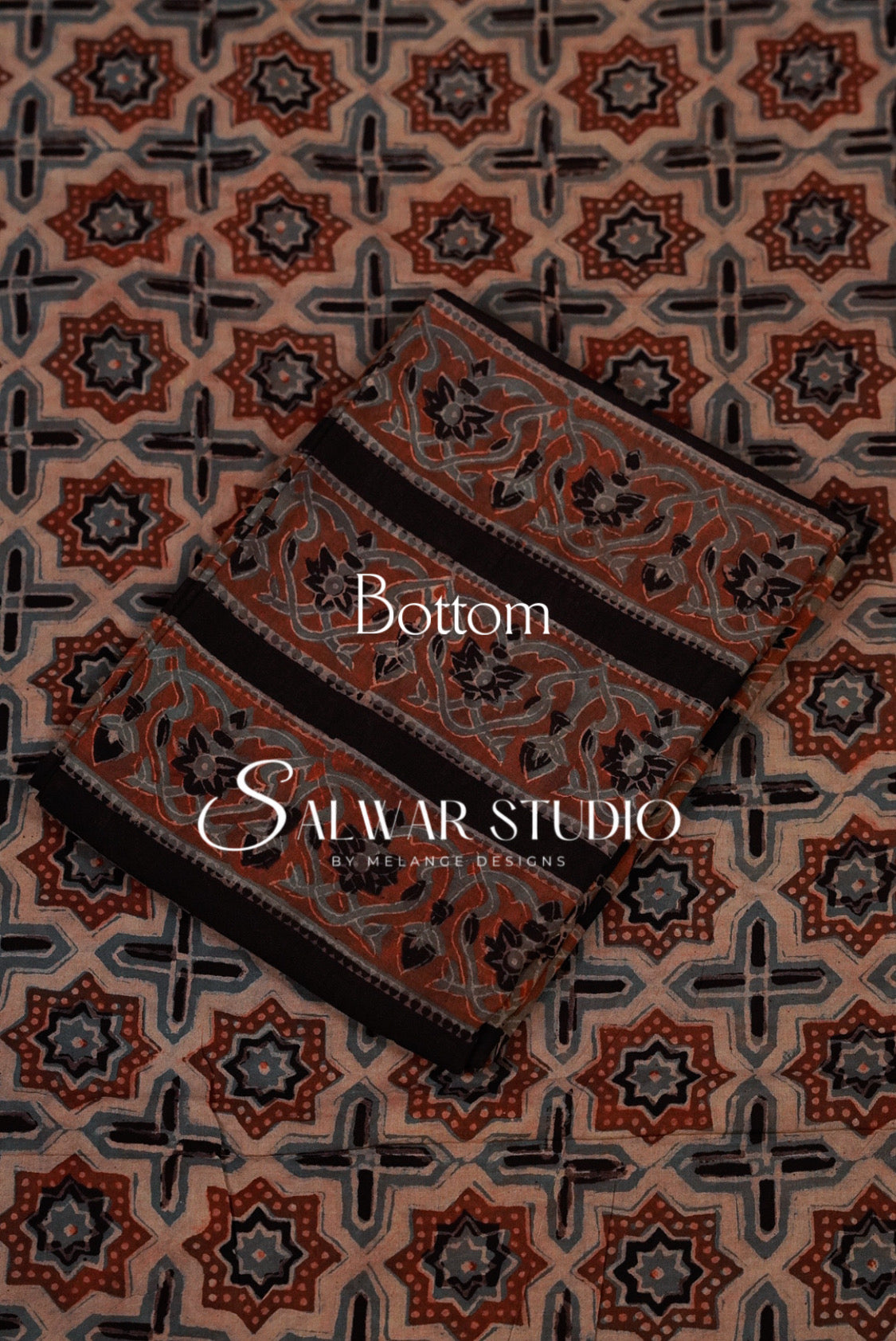 Cotton Ajrakh Unstitched Salwar Suit Material Dusty Taupe Bottom.