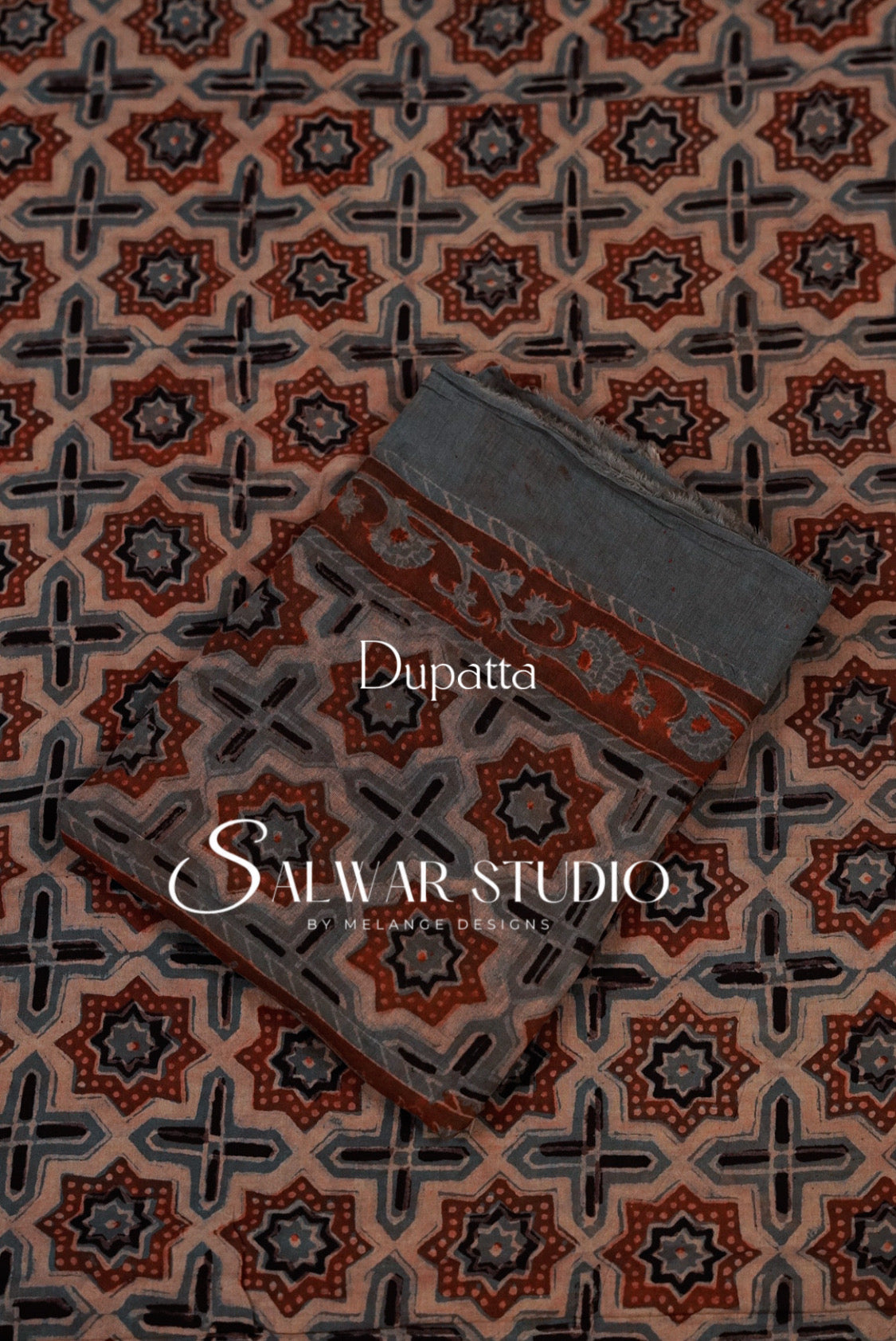 Cotton Ajrakh Unstitched Salwar Suit Material Dusty Taupe Dupatta.