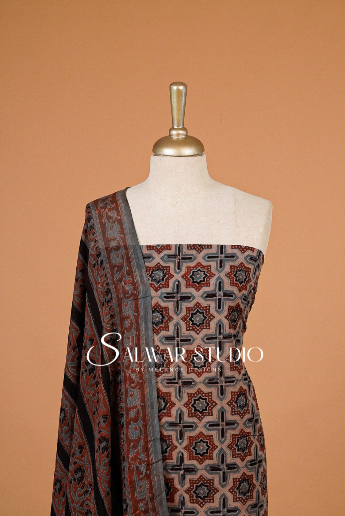 Cotton Ajrakh Unstitched Salwar Suit Material Dusty Taupe Close View.
