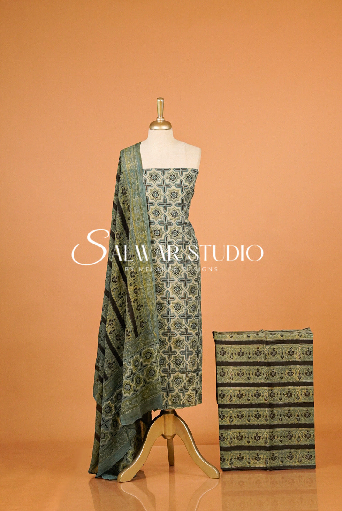 Cotton Ajrakh Unstitched Salwar Suit Material Light Sage Beige.