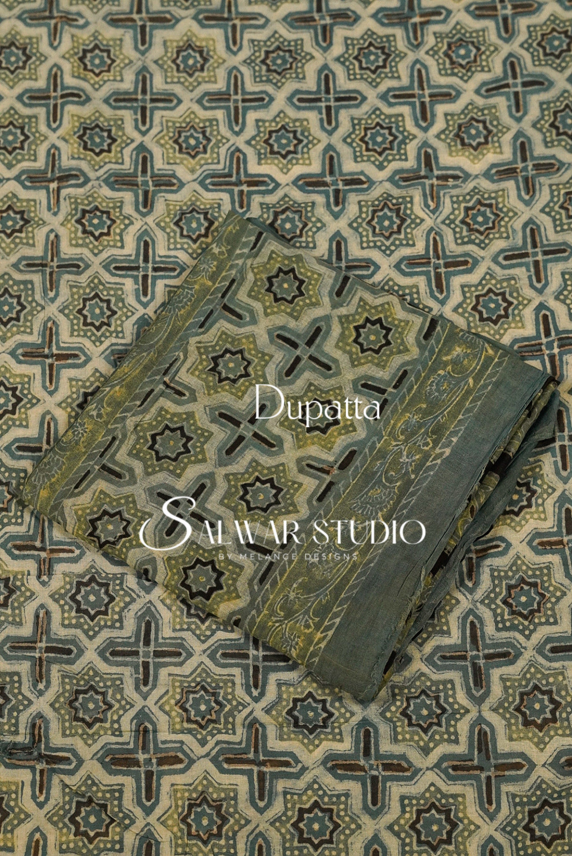 Cotton Ajrakh Unstitched Salwar Suit Material Light Sage Beige Dupatta.