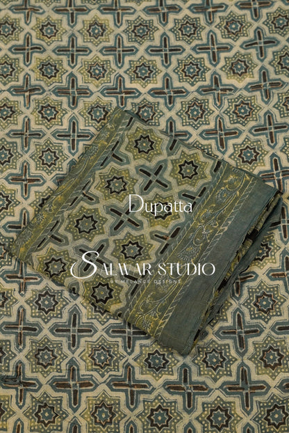 Cotton Ajrakh Unstitched Salwar Suit Material Light Sage Beige Dupatta.