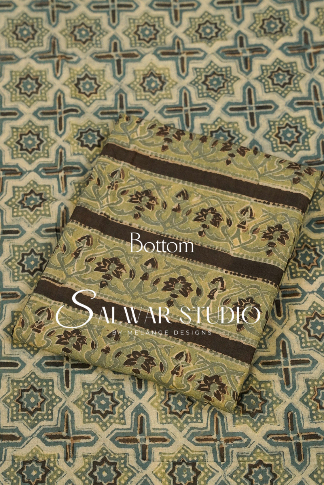 Cotton Ajrakh Unstitched Salwar Suit Material Light Sage Beige Bottom.