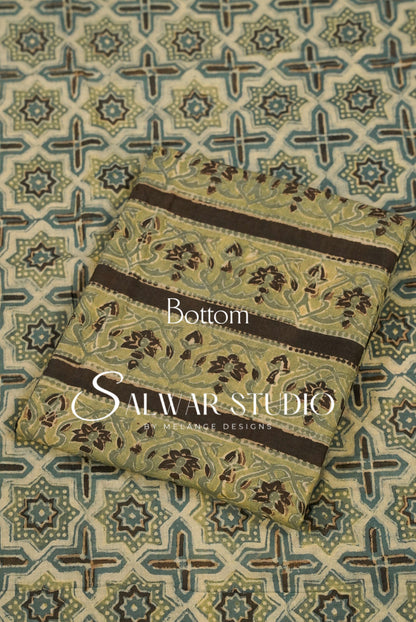 Cotton Ajrakh Unstitched Salwar Suit Material Light Sage Beige Bottom.