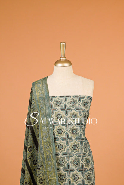 Cotton Ajrakh Unstitched Salwar Suit Material Light Sage Beige Close View.