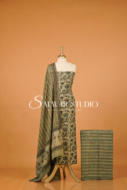 Cotton Ajrakh Unstitched Salwar Suit Material Warm Beige.