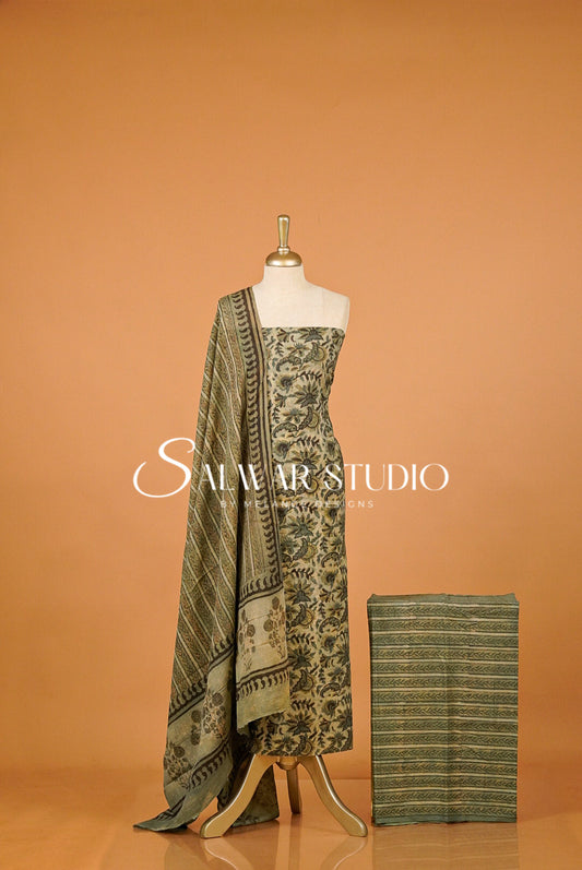 Cotton Ajrakh Unstitched Salwar Suit Material Warm Beige.