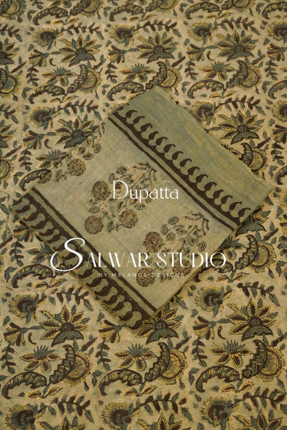 Cotton Ajrakh Unstitched Salwar Suit Material Warm Beige Dupatta.