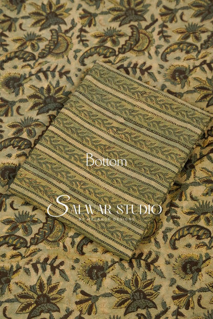 Cotton Ajrakh Unstitched Salwar Suit Material Warm Beige Bottom.