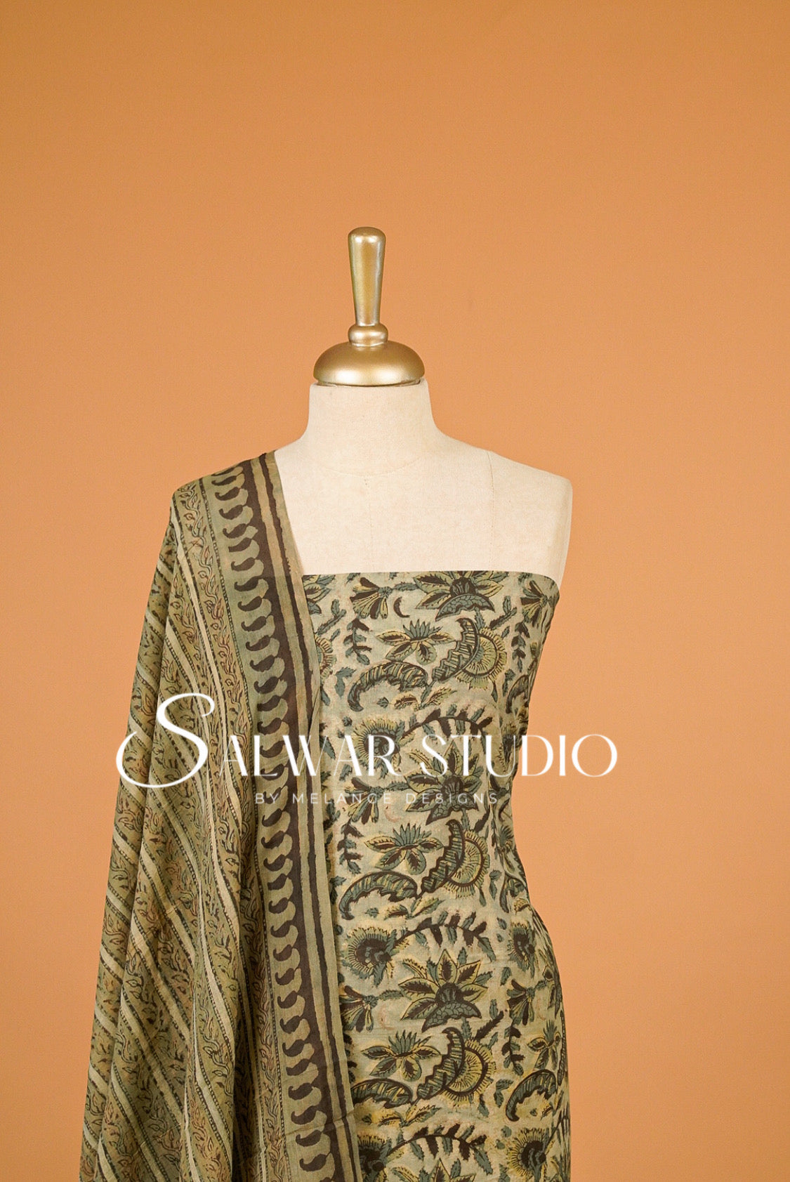 Cotton Ajrakh Unstitched Salwar Suit Material Warm Beige Close View.