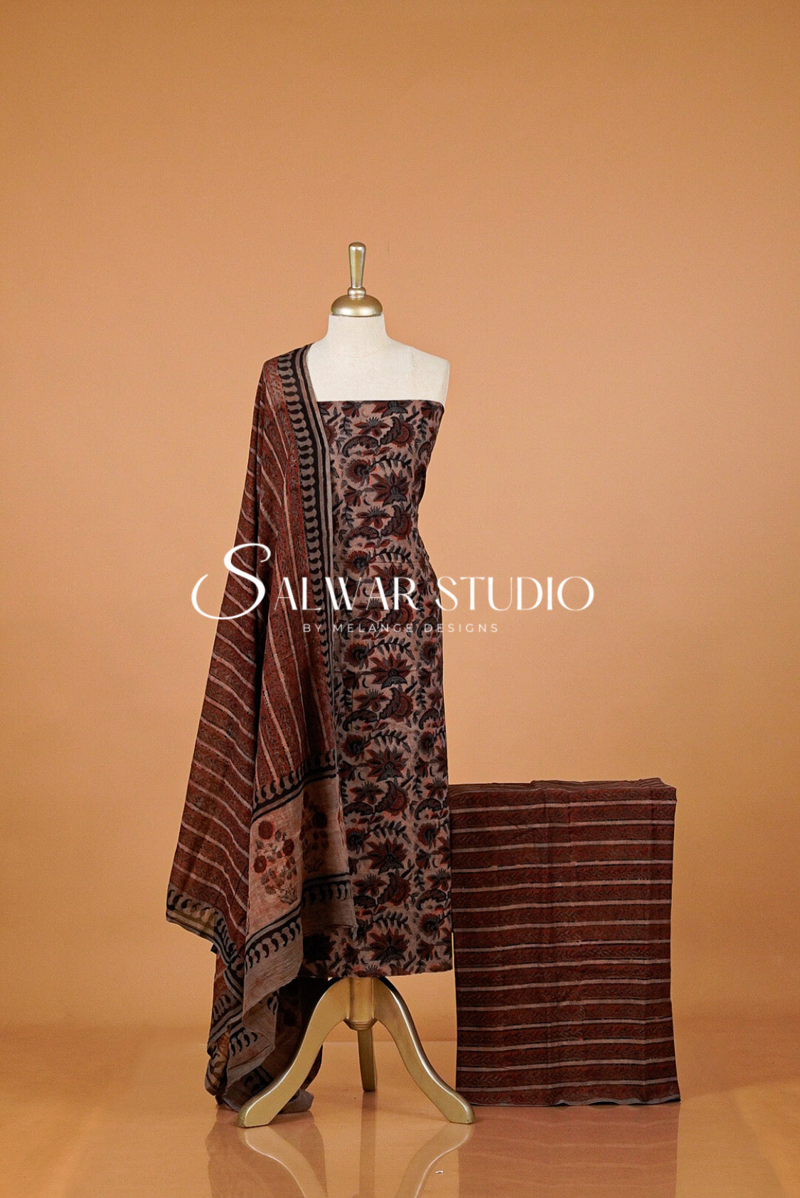 Cotton Ajrakh Unstitched Salwar Suit Material Warm Dusty Taupe.
