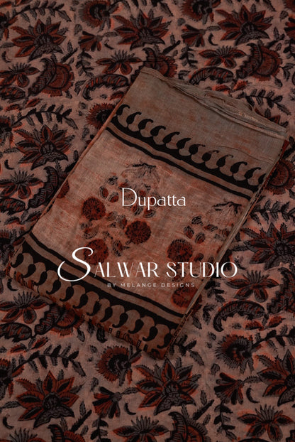 Cotton Ajrakh Unstitched Salwar Suit Material Warm Dusty Taupe Dupatta.