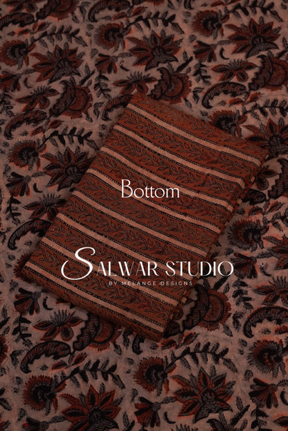 Cotton Ajrakh Unstitched Salwar Suit Material Warm Dusty Taupe Bottom.
