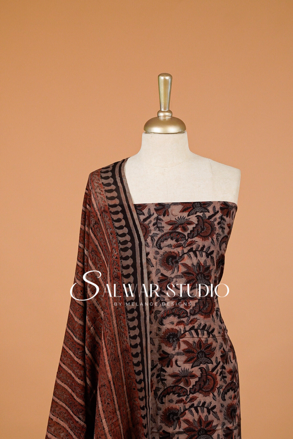 Cotton Ajrakh Unstitched Salwar Suit Material Warm Dusty Taupe Close View.