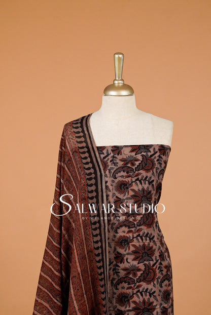 Cotton Ajrakh Unstitched Salwar Suit Material Warm Dusty Taupe Close View.