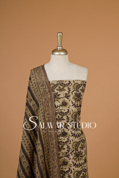 Cotton Ajrakh Unstitched Salwar Suit Material Natural Beige Close View.