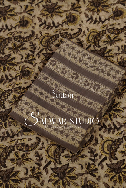 Cotton Ajrakh Unstitched Salwar Suit Material Natural Beige Bottom.
