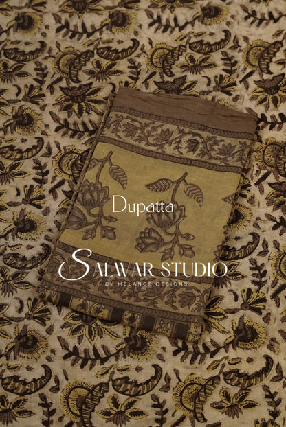 Cotton Ajrakh Unstitched Salwar Suit Material Natural Beige Dupatta.