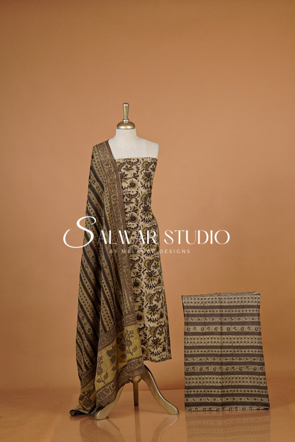 Cotton Ajrakh Unstitched Salwar Suit Material Natural Beige.